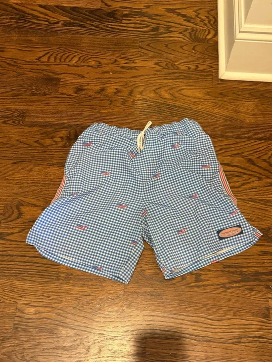 Vineyard Vines Blue Gingham Drawstring Shorts with Red Whale Embroidery
