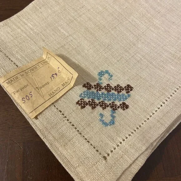 Vtg Soviet Union Linen Napkins NOS NWT USSR Hand Made Cross Stitch Embroidered