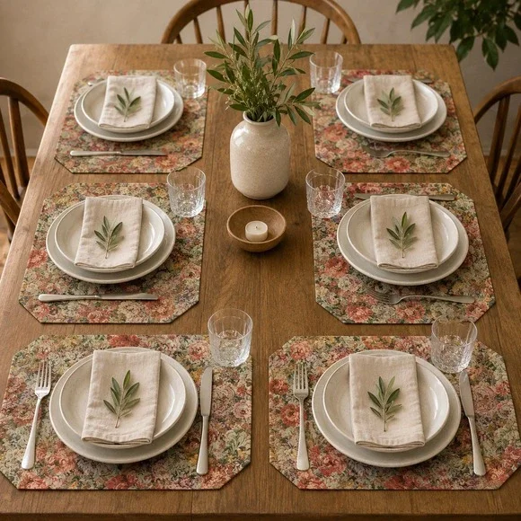 Vintage‎ Floral Tapestry Placemats Set of 6 Reversible Damask Rose Green Cream