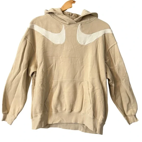Nike Sz Medium Swoosh Hoodie Tan Beige Double Logo Pullover Sweatshirt Oversized