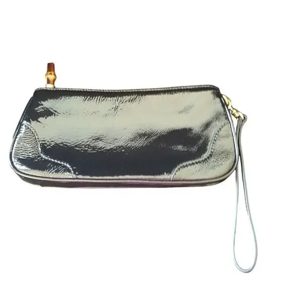 Talbots Womens Pocketbook Black Patent Leather Tortoise Pull Purse Wristlet Zip