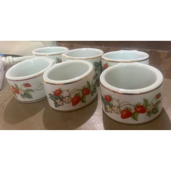 White Avon Strawberry Porcelain Napkin Rings Set of 6