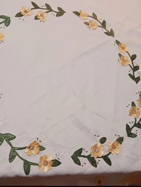 Vintage Tablecloth yellow Round 3d Flowers Sateen