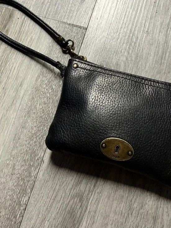 Fossil Black Pebbled Leather Crossbody Wristlet with Brass Accent