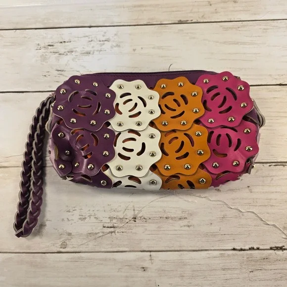 Multi Color Floral Laser Cut Rose Studded‎ Wristlet Crossbody Bag Purple Pink