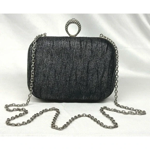 Sparkly Clutch Purse Faux Rhinestone Ring Closure Silver Chain Shoulder Strap‎