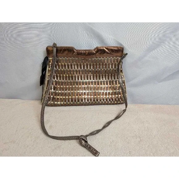 Vintage‎ Woven Metallic Shoulder Bag Bronze Gold Silver Textured Evening Clutch