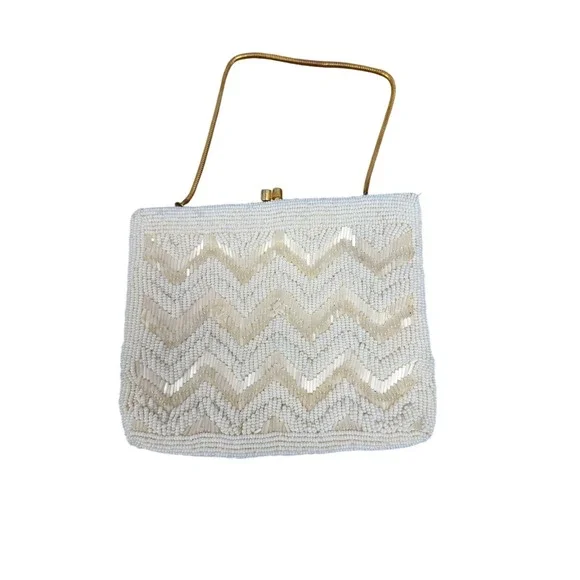 Vintage La Regale Beaded Chevron Evening Bag Cream Gold Chain Clutch Hong Kong