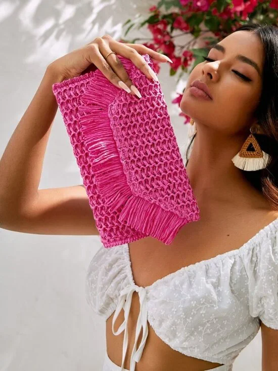 Hot Pink Straw Woven Women's Vacation Bag with Fringe Flap