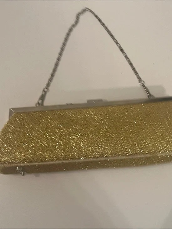 Gold Glitter Evening Bag Clutch Silver Chain Strap Formal Party Purse