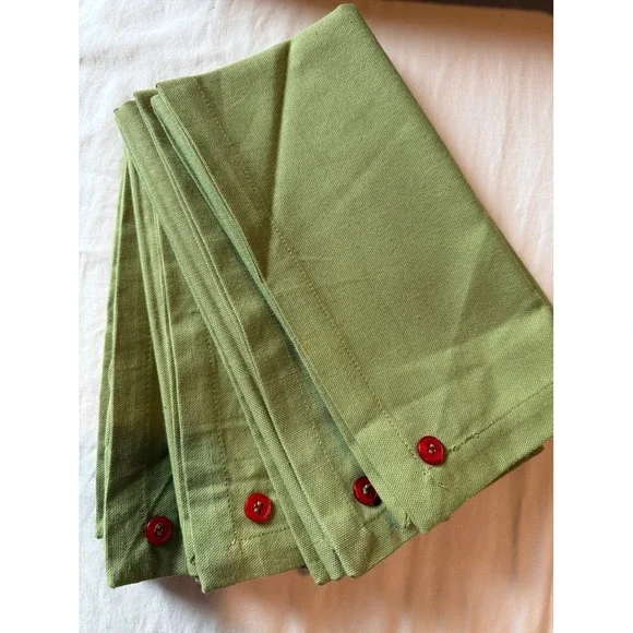 World Market Green Cotton Cloth Napkins Set of 4 Red Button Accent 19x19 Square