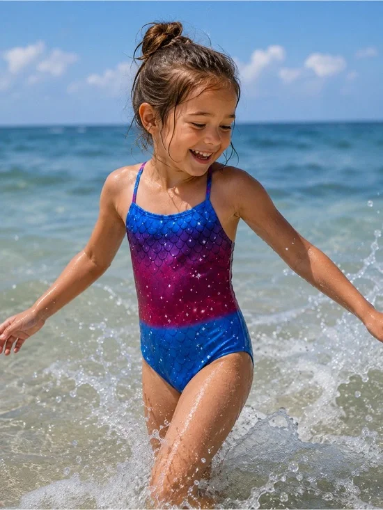 Girls' Ombre Blue & Pink Mermaid One-Piece Swimsuit