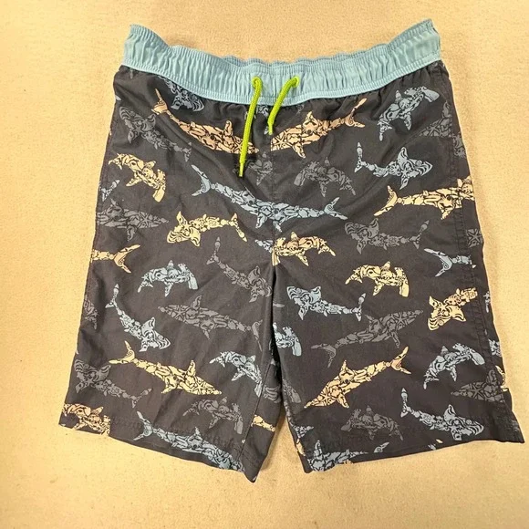 Lands End Kids Shark Print Swim Trunks Navy Blue Board Shorts Size L 14-16