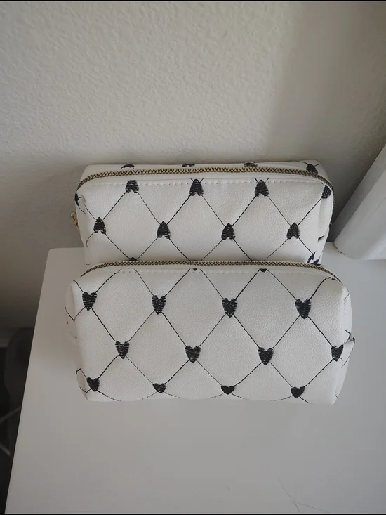 Under One Sky White Faux-Leather Cosmetic Pouch Duo with Black Heart Stitching