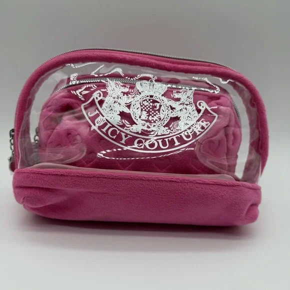 Juicy Couture Clear Makeup Bag Toiletries Case Travel Bottle Set Pink NWOT