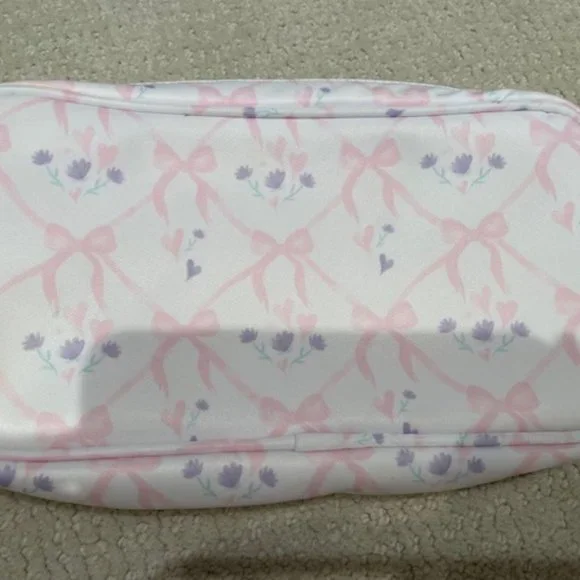 Stoney Clover Lane White Cosmetic Pouch with Pink Bow & Lavender Floral Print