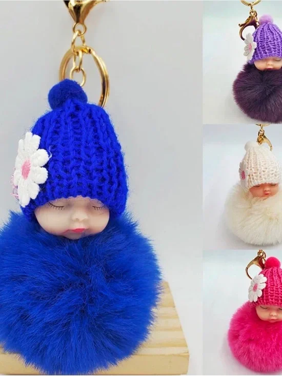 5 Pcs Plush Pom-Pom Baby Doll Keychain - Blue
