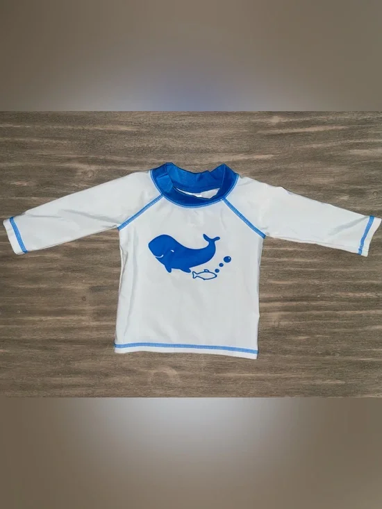 Children's White Rash Guard with Blue Whale Graphic