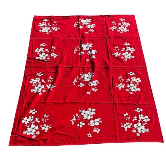 Vintage MCM retro red white gray floral table cloth‎ 63 x 53 inches
