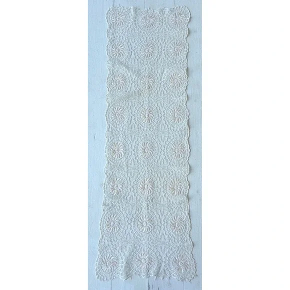 Vintage Embroidered Lace Table Runner Floral Pastel Cream 36x11