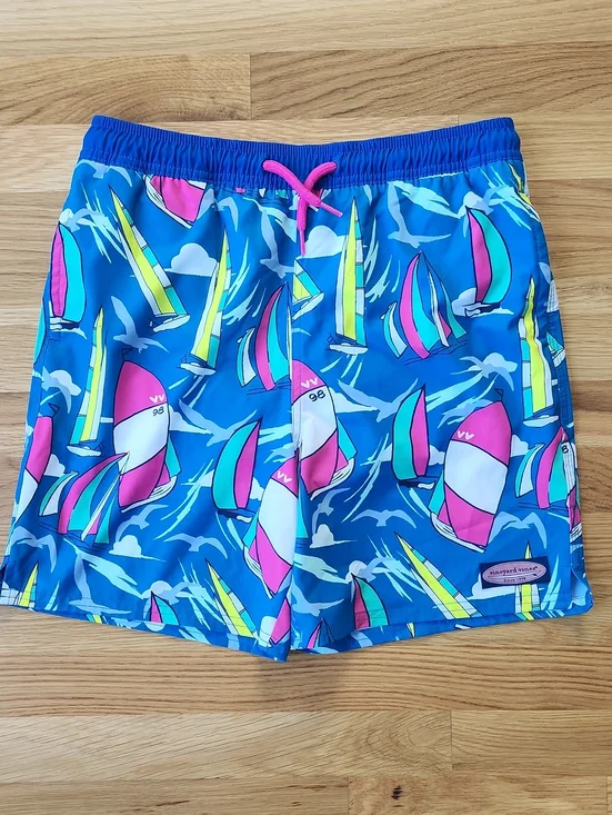 Vineyard Vines Blue Sailboat Print Boys Swim Trunks with Pink Drawstring