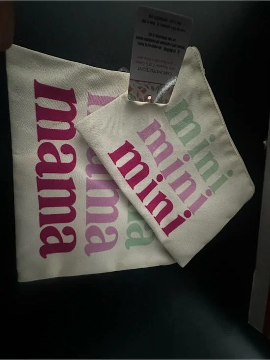 Canvas 'mini' & 'mama' Zip Pouch Set in Cream with Pink and Mint