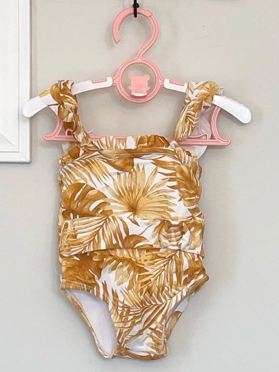 Janie And Jack Baby Girls Gold And White Palm Swimsuit Size 6 To 12 Months