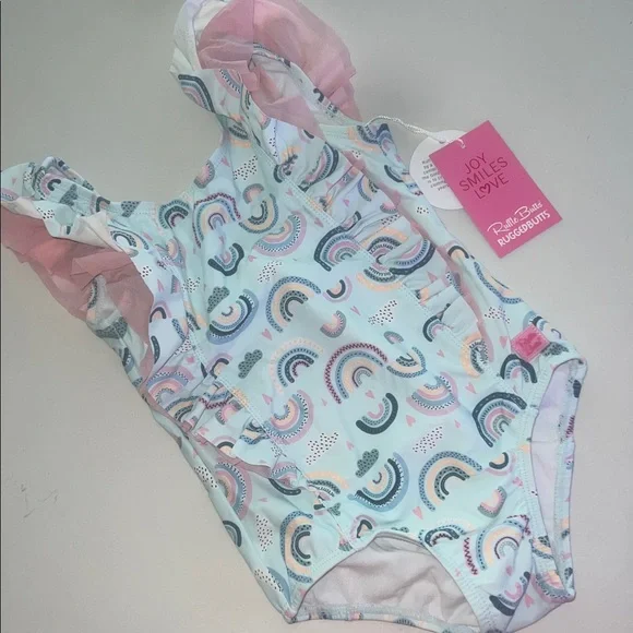 NWT RuffleButts Chase The Rainbow Waterfall Girls One Piece Swimsuit- back bow