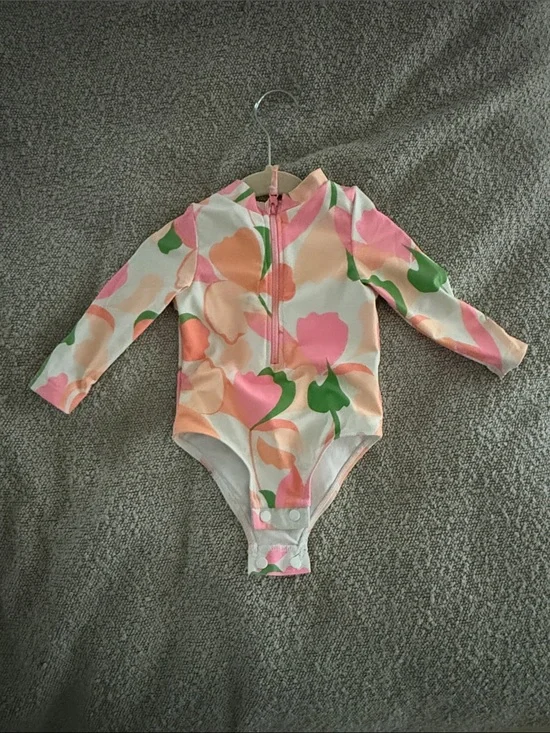 Girls Long-Sleeve One-Piece Bodysuit in Pink, Peach & Green Floral