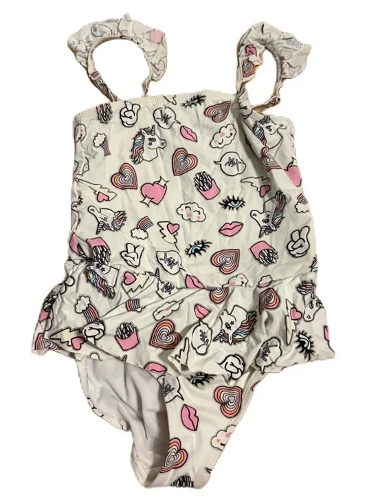 Betsey Johnson White One-Piece Swimsuit Unicorn Lips Sz 7/8 French Fries