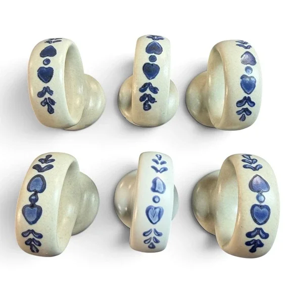 Pfaltzgraff Yorktowne Napkin Rings Set of 6 Blue Heart Stoneware Vintage Ceramic