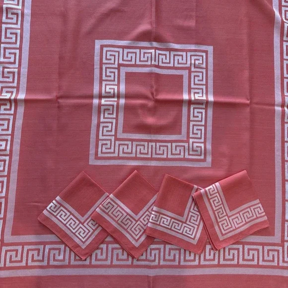 Greek Key Coral Salmon Square Tablecloth and Napkins 48