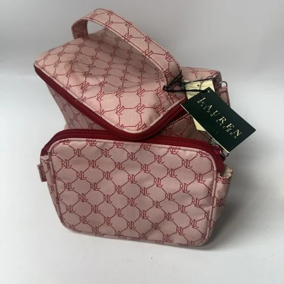 New Lauren Ralph Lauren Cosmetic Bag Pink Set Of 2 Some Markings See Pics