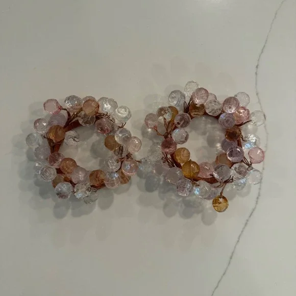 Set of 2 Beaded Napkin Rings Amber Pink Clear Faceted Acrylic Table Decor