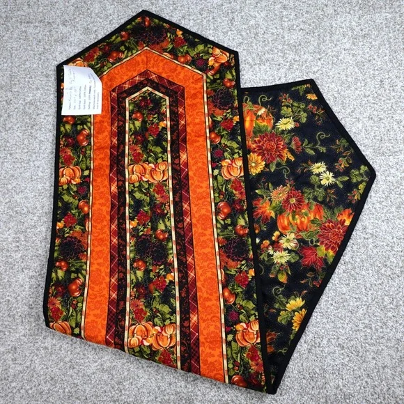 Handmade Reversible Fall Table Runner Quilted Pumpkin Floral 55x16 Orange Black