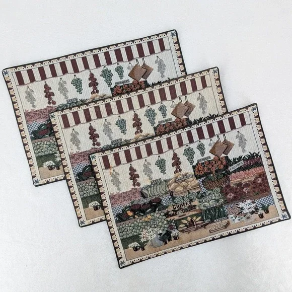 Woven Vintage‎ Tapestry Farmers Market Placemats Set of 3 Fruit Vegetable 13x19