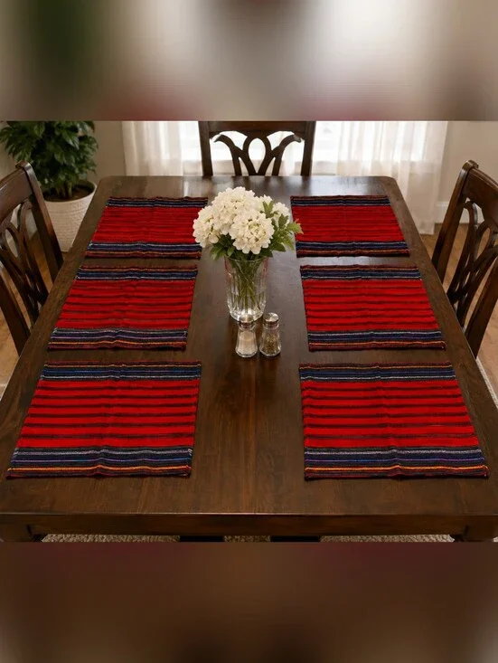 6 Woven Red Stripe Multicolor Rectangular Placemats.