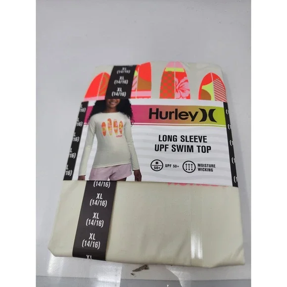 Hurley Girls Long Sleeve Rash Guard Swim Top Cream Polyester Athletic Size XL