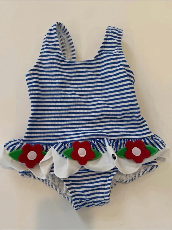 Florence Eiseman Blue & White Striped Flower Applique One-Piece Swimsuit