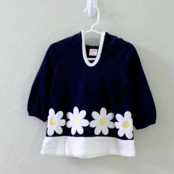 Gymboree Navy Long Sleeve Daisy Terry Hooded Swim Cover Up Dress Size 12-18M