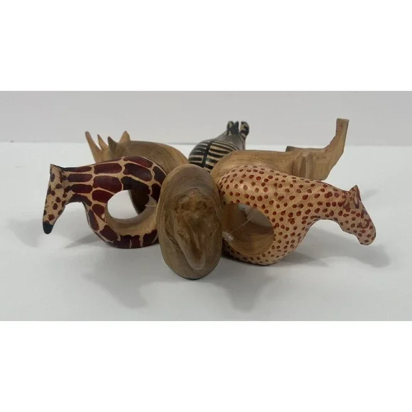 Hand Carved African Safari Animals Wood Napkin Rings Set of 6 Tribal Folk Art