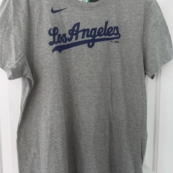 Nike Gray T-Shirt with Navy Los Angeles Script and Swoosh Dodger Fred Freeman