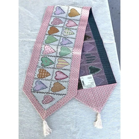 Tapestry Table Runner Patchwork Hearts Pastel Pink Orange Purple w/ Tassel Ends