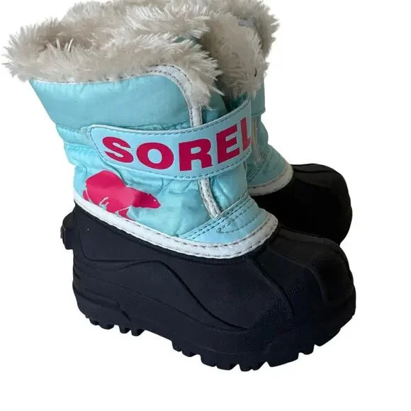 Sorel Snow Commander kids' boots size 6 blue pink logo black rubber shell.
