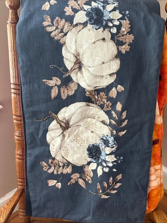 Pumpkin table runner with gray blue background