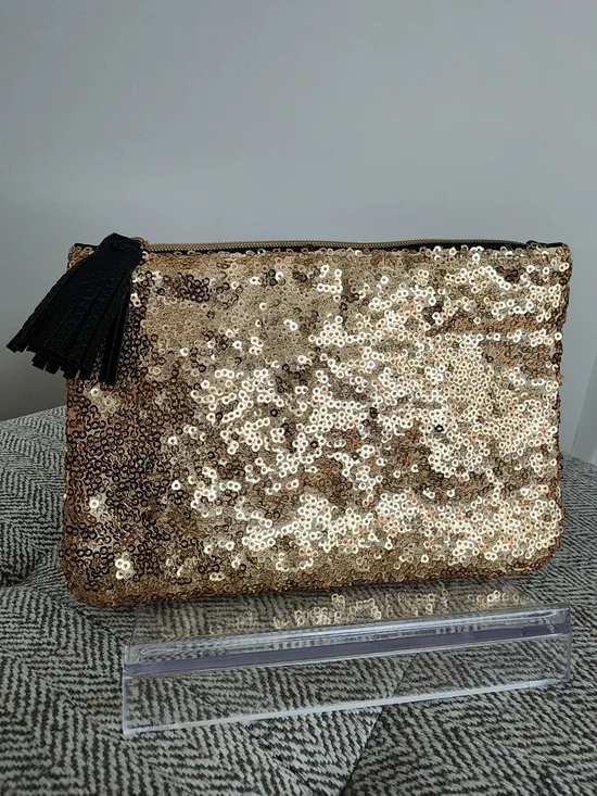 Ipsy Gold Sequin And Black Leather Cosmetic Pouch with Black Tassel