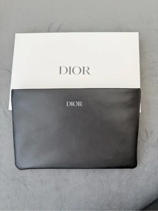 Dior Black Leather Cosmetic Pouch with White Logo