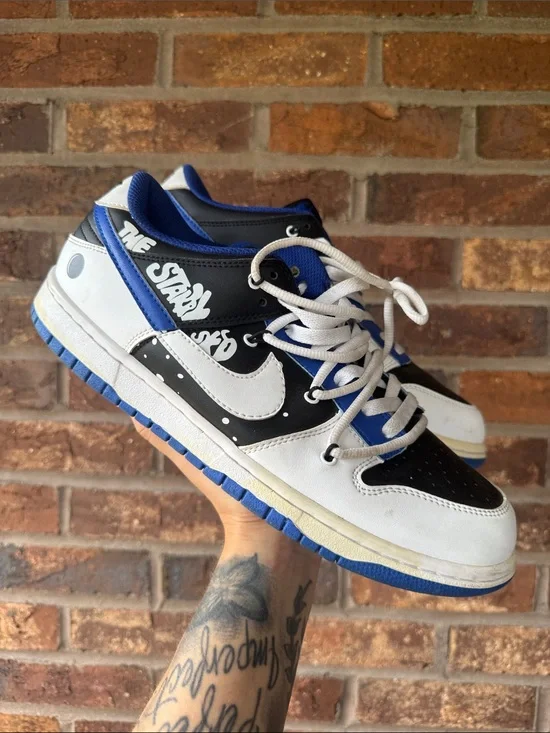 Nike Dunk Low — White, Black & Blue Graphic Accent Sneakers