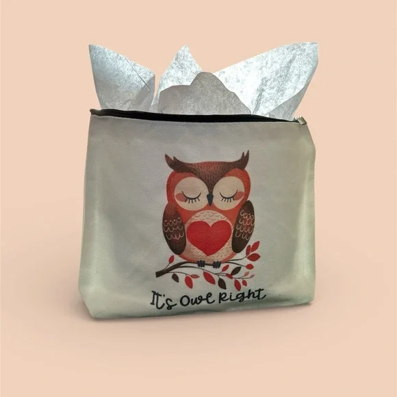 Owl Print Cream Canvas Cosmetic Bag w/ Two Bath and Body Works lotions