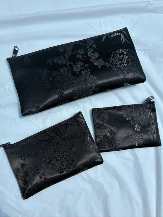 Black Floral Jacquard Zip Pouches - Set of 3